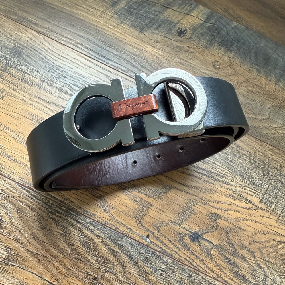 Salvatore Ferragamo Men’s Brown Wood Bit Reversible Gancini Leather Belt